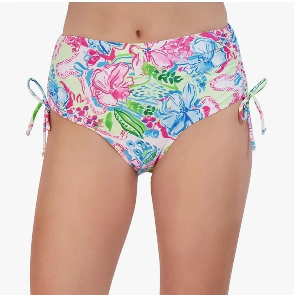 Stella Parker Womens Floral Ruched Bikini Botton High Rise Summer Beach Vibrant